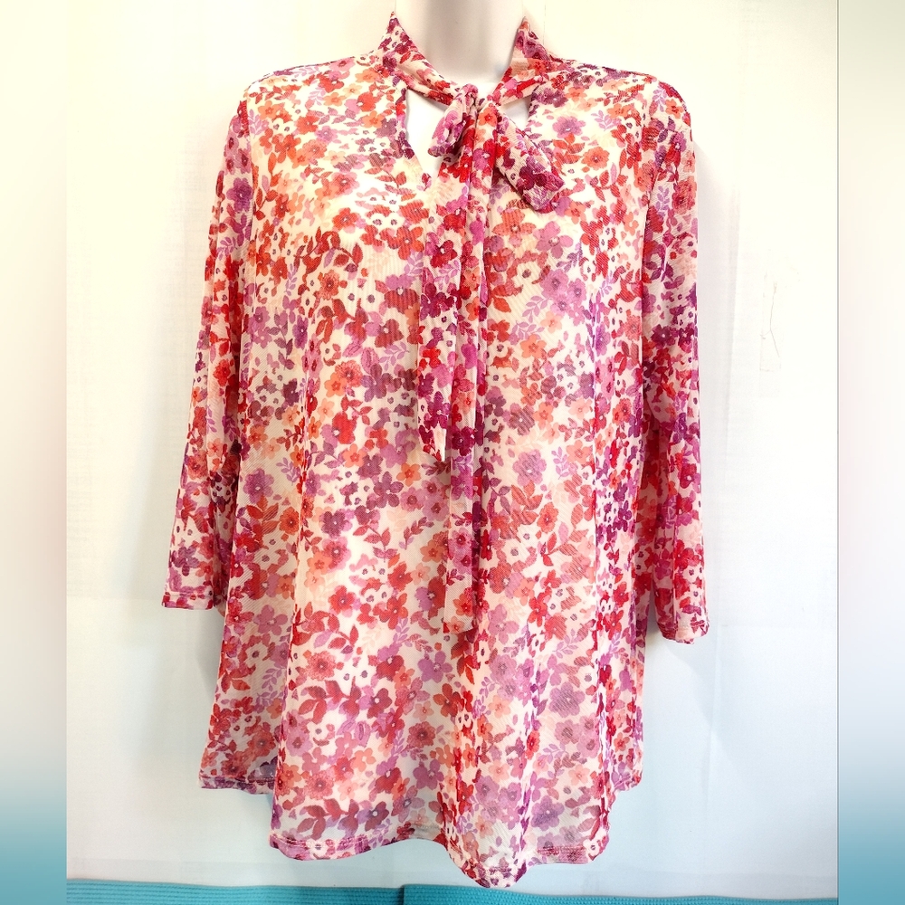 Cocomo Pullover Floral Tie-Neck Lined Blouse Semi Sheer 3/4 Sleeves Size M